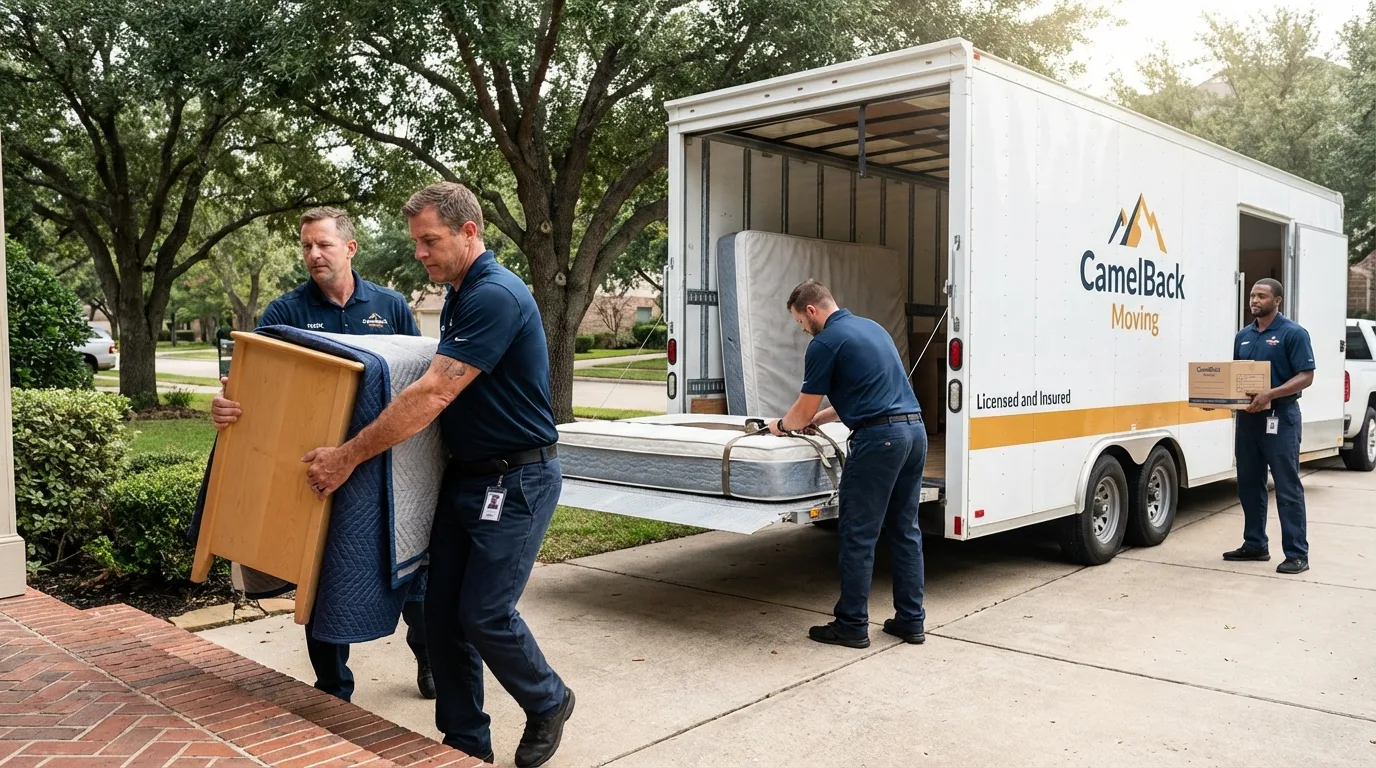 Crew loading residential truck for cross-state move from Freeport, NY