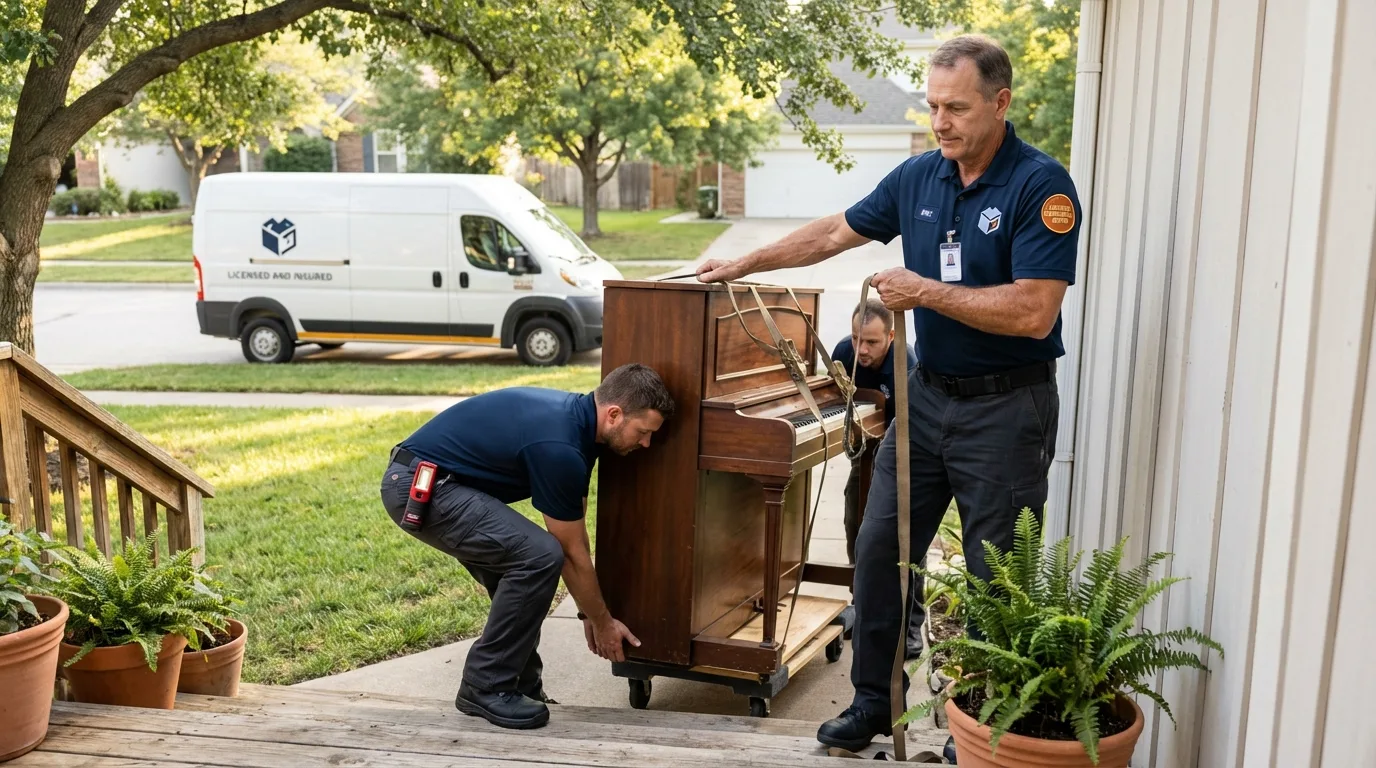 Licensed piano movers securing grand piano in Freeport, NY