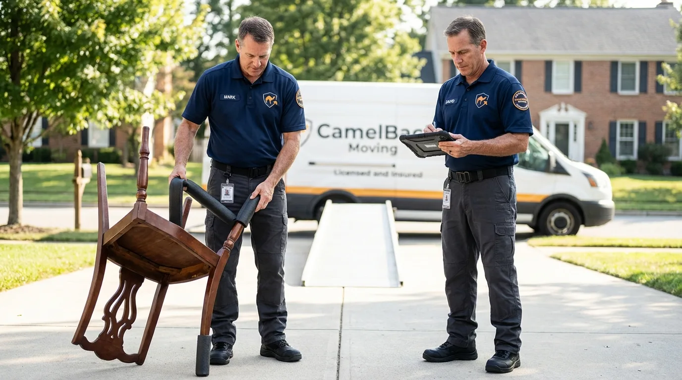 Movers inspecting furniture for damage prevention before loading in Freeport, NY