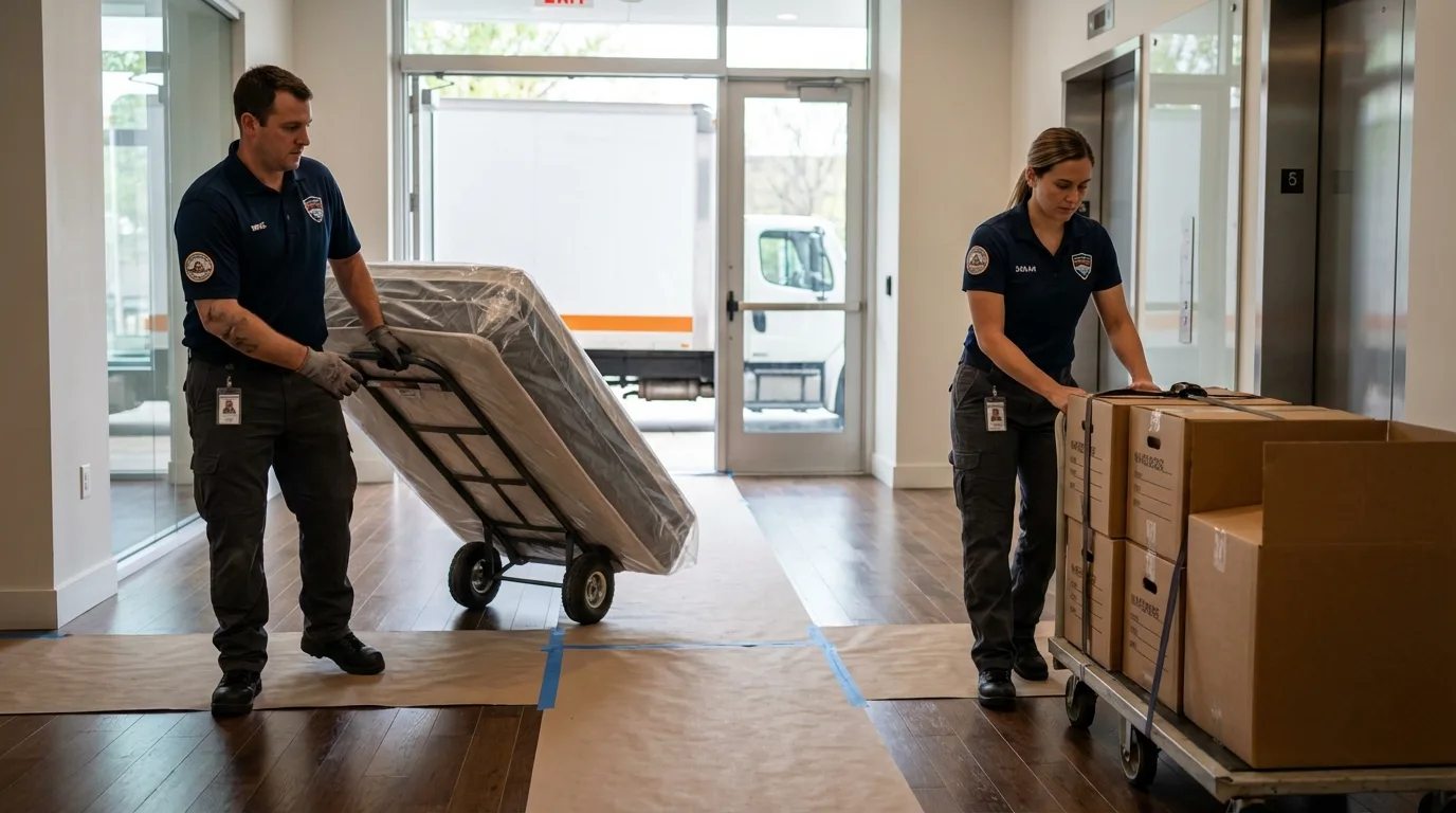 Professional apartment movers loading elevator in Freeport, NY